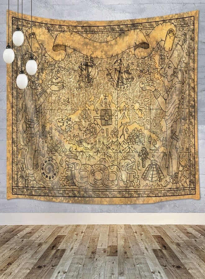 Wathon Ancient Mayan Civilization Tapestry - Vintage Aztec Map With Gods, Old Ships, Temple, Brown Symbols - Wall Hanging for Bedroom, Living Room, Dorm - Home Decor Mandala - 60X40 - Image 2